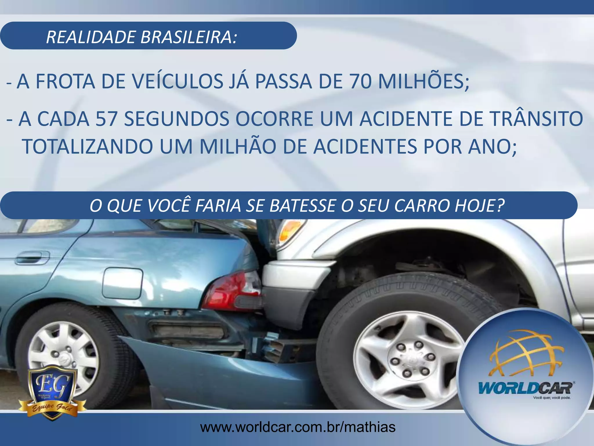REALIDADE BRASILEIRA:
- A FROTA DE VEÍCULOS JÁ PASSA DE 70 MILHÕES;

- A CADA 57 SEGUNDOS OCORRE UM ACIDENTE DE TRÂNSITO
TOTALIZANDO UM MILHÃO DE ACIDENTES POR ANO;
O QUE VOCÊ FARIA SE BATESSE O SEU CARRO HOJE?

www.worldcar.com.br/mathias

 
