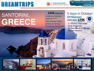 260€260€/pessoa
- 5 dias em Outubro- 5 dias em Outubro
- Hotel 5*****- Hotel 5*****
- Peq. Almoço Diário- Peq. Almoço Diário
- Jantar no Terraço- Jantar no Terraço
- Transferes Aeroporto- Transferes Aeroporto
260€-81€= 179€179€
 