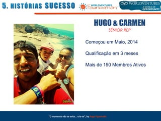 "O momento não se evita... cria-se", by Hugo Figueiredo
HUGO & CARMEN
SÉNIOR REP
Começou em Maio, 2014
Qualificação em 3 meses
Mais de 150 Membros Ativos
 