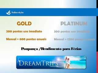 Subscrição 
GOLD PLATINUM 
200 pontos uso imediato 
Mensal = 600 pontos anuais 
300 pontos uso imediato 
Mensal = 1200 pontos anuais 
Poupança / Rendimento para Férias 
 