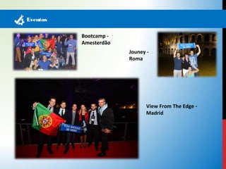 Eventos 
Bootcamp - 
Amesterdão 
Jouney - 
Roma 
View From The Edge - 
Madrid 
 