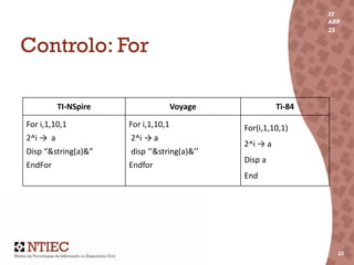 22
ABR
15
10
22
ABR
15
10
Controlo: For
TI-NSpire Voyage Ti-84
For i,1,10,1
2^i → a
Disp “&string(a)&”
EndFor
For i,1,10,1
2^i → a
disp ‘’&string(a)&’’
Endfor
For(i,1,10,1)
2^i → a
Disp a
End
 
