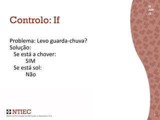 22
ABR
15
7
22
ABR
15
7
Controlo: If
Problema: Levo guarda-chuva?
Solução:
Se está a chover:
SIM
Se está sol:
Não
 