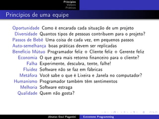 Princípios
Valores
Práticas
Princípios de uma equipe
Oportunidade Como é encarada cada situação de um projeto
Diversidade Quantos tipos de pessoas contribuem para o projeto?
Passos de Bebê Uma coisa de cada vez, em pequenos passos
Auto-semelhança boas práticas devem ser replicadas
Benefício Mútuo Programador feliz + Cliente feliz + Gerente feliz
Economia O que gera mais retorno nanceiro para o cliente?
Falha Experimente, descubra, tente, falhe!
Fluidez Software não se faz em fábricas
Metáfora Você sabe o que é Lixeira e Janela no computador?
Humanismo Programador também têm sentimentos
Melhoria Software estraga
Qualidade Quem não gosta?
Jônatas Davi Paganini Extremme Programming
 