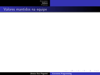 Princípios
Valores
Práticas
Valores mantidos na equipe
Jônatas Davi Paganini Extremme Programming
 