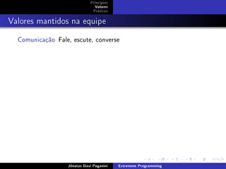 Princípios
Valores
Práticas
Valores mantidos na equipe
Comunicação Fale, escute, converse
Jônatas Davi Paganini Extremme Programming
 