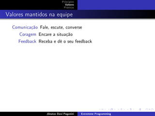 Princípios
Valores
Práticas
Valores mantidos na equipe
Comunicação Fale, escute, converse
Coragem Encare a situação
Feedback Receba e dê o seu feedback
Jônatas Davi Paganini Extremme Programming
 