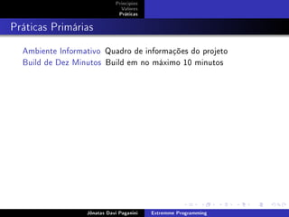 Princípios
Valores
Práticas
Práticas Primárias
Ambiente Informativo Quadro de informações do projeto
Build de Dez Minutos Build em no máximo 10 minutos
Jônatas Davi Paganini Extremme Programming
 