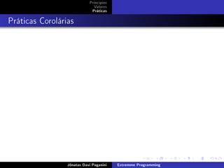 Princípios
Valores
Práticas
Práticas Corolárias
Jônatas Davi Paganini Extremme Programming
 