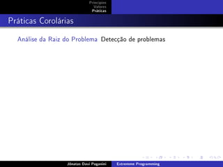 Princípios
Valores
Práticas
Práticas Corolárias
Análise da Raiz do Problema Detecção de problemas
Jônatas Davi Paganini Extremme Programming
 