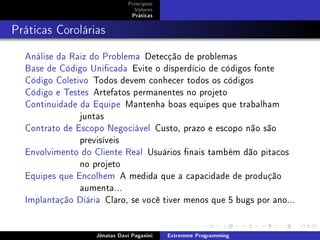 Princípios
Valores
Práticas
Práticas Corolárias
Análise da Raiz do Problema Detecção de problemas
Base de Código Unicada Evite o disperdício de códigos fonte
Código Coletivo Todos devem conhecer todos os códigos
Código e Testes Artefatos permanentes no projeto
Continuidade da Equipe Mantenha boas equipes que trabalham
juntas
Contrato de Escopo Negociável Custo, prazo e escopo não são
previsíveis
Envolvimento do Cliente Real Usuários nais também dão pitacos
no projeto
Equipes que Encolhem A medida que a capacidade de produção
aumenta...
Implantação Diária Claro, se você tiver menos que 5 bugs por ano...
Jônatas Davi Paganini Extremme Programming
 