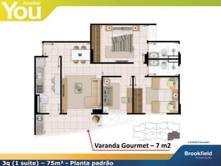 3q (1 suíte) – 75m² - Planta padrão
Varanda Gourmet – 7 m2
 