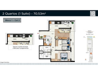Bloco 1 – Col 2
2 Quartos (1 Suíte) - 70,53m²
Opção Cozinha fechada
+ Bancada Complementar
Imagem Ilustrativa
 