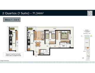 Bloco 1 – Col 5
2 Quartos (1 Suíte) - 71,34m²
Opção Cozinha fechada
+ Bancada Complementar
Imagem Ilustrativa
 