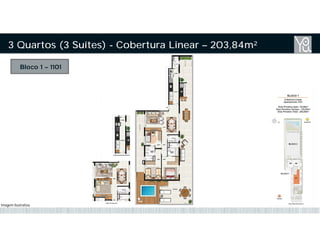Bloco 1 – 1101
3 Quartos (3 Suítes) - Cobertura Linear – 203,84m²
Imagem Ilustrativa
 
