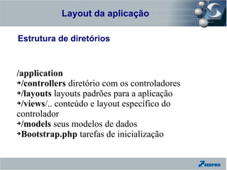 Layout da aplicação
Zend Framework

Estrutura de diretórios



/application
➔/controllers diretório com os controladores

➔/layouts layouts padrões para a aplicação

➔/views/.. conteúdo e layout específico do

controlador
➔/models seus modelos de dados

➔Bootstrap.php tarefas de inicialização
 