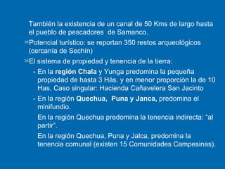 También la existencia de un canal de 50 Kms de largo hasta el pueblo de pescadores  de Samanco. Potencial turístico: se reportan 350 restos arqueológicos (cercanía de Sechín) El sistema de propiedad y tenencia de la tierra: - En la  región Chala  y Yunga predomina la pequeña propiedad de hasta 3 Hás. y en menor proporción la de 10 Has. Caso singular: Hacienda Cañavelera San Jacinto - En la región  Quechua,  Puna y Janca,  predomina el minifundio. En la región Quechua predomina la tenencia indirecta: “al partir”. En la región Quechua, Puna y Jalca, predomina la tenencia comunal (existen 15 Comunidades Campesinas). 