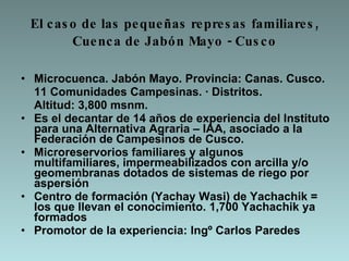 El caso de las pequeñas represas familiares, Cuenca de Jabón Mayo - Cusco Microcuenca. Jabón Mayo. Provincia: Canas. Cusco. 11 Comunidades Campesinas. · Distritos. Altitud: 3,800 msnm. Es el decantar de 14 años de experiencia del Instituto para una Alternativa Agraria – IAA, asociado a la Federación de Campesinos de Cusco. Microreservorios familiares y algunos multifamiliares, impermeabilizados con arcilla y/o geomembranas dotados de sistemas de riego por aspersión Centro de formación (Yachay Wasi) de Yachachik = los que llevan el conocimiento. 1,700 Yachachik ya formados Promotor de la experiencia: Ingº Carlos Paredes 