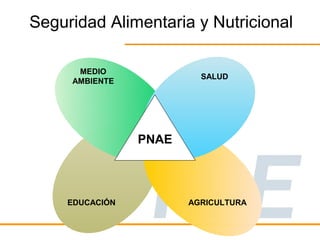 Seguridad Alimentaria y Nutricional

      MEDIO
                          SALUD
     AMBIENTE




                 PNAE



     EDUCACIÓN          AGRICULTURA
 
