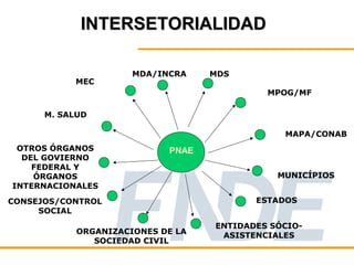 INTERSETORIALIDAD

                      MDA/INCRA    MDS
           MEC
                                            MPOG/MF

      M. SALUD

                                               MAPA/CONAB
 OTROS ÓRGANOS              PNAE
  DEL GOVIERNO
    FEDERAL Y
    ÓRGANOS                                   MUNICÍPIOS
INTERNACIONALES
CONSEJOS/CONTROL                          ESTADOS
     SOCIAL
                                   ENTIDADES SÓCIO-
            ORGANIZACIONES DE LA    ASISTENCIALES
               SOCIEDAD CIVIL
 