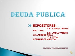 EXPOSITORES:
           C.P. JUANA LIBORIA
BAUTISTA
           C.P. LAURA YANETH
VILLALOBOS NAVA
           C.P. VIDAL
HERNANDEZ MACEDA
 