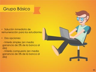 Grupo Básico
• Solución inmediata de
remuneración para los estudiantes
• Dos opciones:
- Interés simples (en media
ganancia de 2% de la banca al
día)
- Interés compuesto (en media
ganancia de 5% de la banca al
día)
11
 
