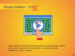 Grupo básico - 1/3
Especialistas D9 pasarán las directrices en el pre-juego, dentro
de nuestro canal de comunicación, a través de textos,
imágenes, audio y vídeos.
13
 