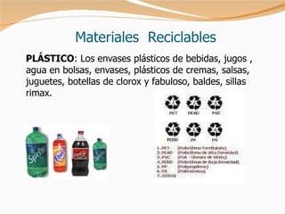 Materiales  Reciclables PLÁSTICO : Los envases plásticos de bebidas, jugos , agua en bolsas, envases, plásticos de cremas, salsas, juguetes, botellas de clorox y fabuloso, baldes, sillas rimax. 