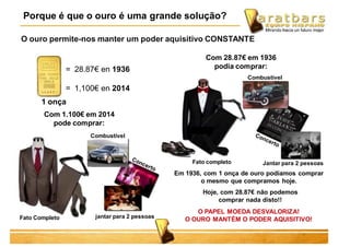= 28.87€ en 1936
= 1,100€ en 2014
1 onça
Com 28.87€ em 1936
podia comprar:
Com 1.100€ em 2014
pode comprar:
Hoje, com 28.87€ não podemos
comprar nada disto!!
Combustivel
Combustivel
jantar para 2 pessoasFato Completo
Fato completo Jantar para 2 pessoas
O PAPEL MOEDA DESVALORIZA!
O OURO MANTÉM O PODER AQUISITIVO!
O ouro permite-nos manter um poder aquisitivo CONSTANTE
Em 1936, com 1 onça de ouro podiamos comprar
o mesmo que compramos hoje.
Porque é que o ouro é uma grande solução?
 