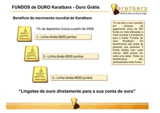 Benefície do movimento mundial de Karatbars
1% de depósitos únicos a partir de 500€.
1.- Linha direta 9000 pontos
2.- Linha direta 9000 pontos
3.- Linha direta 9000 puntos
“Lingotes de ouro diretamente para a sua conta de ouro”
1% de todo o ouro vendido
em compras de
pagamento único de 500
Euros ou mais efetuadas a
nível mundial é transferido
para o fundo “Fundos de
ouro Karatbars”. Os
beneficiários são todas as
pessoas que possuam 3
linhas diretas com –pelo
menos- 9000 pontos em
cada uma delas. Todos os
beneficiários têm
participacões neste fundo.
FUNDOS de OURO Karatbars - Ouro Grátis
 