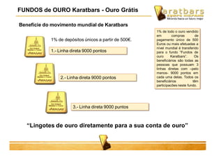 Benefície do movimento mundial de Karatbars
1% de depósitos únicos a partir de 500€.
1.- Linha direta 9000 pontos
2.- Linha direta 9000 pontos
3.- Linha direta 9000 puntos
“Lingotes de ouro diretamente para a sua conta de ouro”
1% de todo o ouro vendido
em compras de
pagamento único de 500
Euros ou mais efetuadas a
nível mundial é transferido
para o fundo “Fundos de
ouro Karatbars”. Os
beneficiários são todas as
pessoas que possuam 3
linhas diretas com –pelo
menos- 9000 pontos em
cada uma delas. Todos os
beneficiários têm
participacões neste fundo.
FUNDOS de OURO Karatbars - Ouro Grátis
 