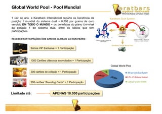Limitado até: APENAS 10.000 participações
RECEBEM PARTICIPAÇÕES DOS GANHOS GLOBAIS DA KARATBARS:
Sócios VIP Exclusive = 1 Participação
1000 Cartões clássicos acumulados = 1 Participação
300 cartões de coleção = 1 Participação
300 cartões “Branding Cards“ = 1 Participação
1 vez ao ano, a Karatbars International reparte os beneficios da
posição 1 mundial do sistema dual + 0,20€ por grama de ouro
vendido EM TODO O MUNDO + os beneficios do plano Uni-nível
da posição 1 do sistema dual, entre os sócios que têm
participações.
Global World Pool - Pool Mundial
 