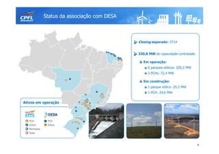 Solar
PCH
Eólica
Biomassa
PCH
Eólica
Ativos em operação
Status da associação com DESA
6
• Closing esperado: 3T14
• 330,8 MW de capacidade contratada:
• Em operação:
• 6 parques eólicos: 205,2 MW
• 3 PCHs: 72,4 MW
• Em construção:
• 1 parque eólico: 29,2 MW
• 1 PCH: 24,0 MW
 