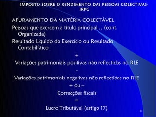 IMPOSTO SOBRE O RENDIMENTO DAS PESSOAS COLECTIVAS-
                         IRPC

APURAMENTO DA MATÉRIA COLECTÁVEL
Pessoas que exercem a título principal… (cont.
  Organizada)
Resultado Líquido do Exercício ou Resultado
  Contabilístico
                            +
 Variações patrimoniais positivas não reflectidas no RLE
                            -
 Variações patrimoniais negativas não reflectidas no RLE
                         + ou –
                    Correcções fiscais
                           =
               Lucro Tributável (artigo 17)              11
 