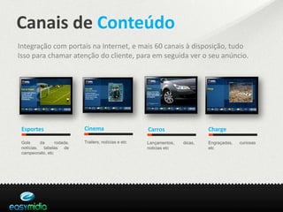 Canais de Conteúdo
Integração com portais na Internet, e mais 60 canais à disposição, tudo
Isso para chamar atenção do cliente, para em seguida ver o seu anúncio.




 Esportes                  Cinema                     Carros                  Charge

 Gols     da     rodada,   Trailers, notícias e etc   Lançamentos,   dicas,   Engraçadas,   curiosas
 notícias, tabelas de                                 noticias etc            etc
 campeonato, etc
 