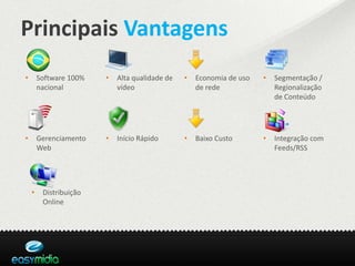Principais Vantagens
•       Software 100%   •   Alta qualidade de   •   Economia de uso   •   Segmentação /
        nacional            vídeo                   de rede               Regionalização
                                                                          de Conteúdo




•       Gerenciamento   •   Início Rápido       •   Baixo Custo       •   Integração com
        Web                                                               Feeds/RSS




    •    Distribuição
         Online
 