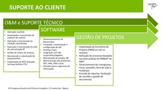 13º Congresso Brasileiro de Eficiência Energética | © Landis+Gyr | Agosto 2016
O&M e SUPORTE TÉCNICO
• Operação assistida
• Atualização e manutenção de
cadastro de clientes
• Operação e manutenção da
medição centralizada
• Operação e manutenção da rede
de comunicação RF
• Gestão de ordens de serviços
• Manutenção e substituição de
equipamentos
• Implantação de NOC (baseado
nas boas práticas ITIL)
SOFTWARE
• Dimensionamento de
Datacenters
• Instalação, customização e
configuração de SW
• Hosting e SaaS
• Integração com SW
corporativos/legados
• Manutenção de versões SW
• Administração dos ambientes
DEV, HML, PRD e QUA
• Soluções para a segurança da
informação
GESTÃO DE PROJETOS
• Implantação de Escritórios de
Projetos (PMO) on-site ou
remotos
• Aplicação de processos baseados
nas boas práticas do PMBoK® do
PMI®
• Gerenciamento do cronograma,
riscos, questões, itens de ação e
mudanças
• Emissão de reportes, facilitação
de reuniões e gestão de
documentos
SUPORTE AO CLIENTE
 