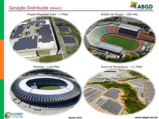 www.abgd.com.brAgosto/2016
Geração Distribuída (Brasil):
Projeto MegaWatt Solar – 1 MWp Estádio de Pituaçu – 400 kWp
Mineirão – 1,42 MWp Arena de Pernambuco – 1,1 MWp
 