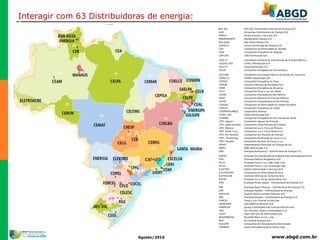 www.abgd.com.brAgosto/2016
Interagir com 63 Distribuidoras de energia:
AES-SUL AES SUL Distribuidora Gaúcha de Energia S/A.
AmE Amazonas Distribuidora de Energia S/A
AMPLA Ampla Energia e Serviços S/A
BANDEIRANTE Bandeirante Energia S/A.
Boa Vista Boa Vista Energia S/A
CAIUÁ-D Caiuá Distribuição de Energia S/A
CEA Companhia de Eletricidade do Amapá
CEAL Companhia Energética de Alagoas
CEB-DIS CEB Distribuição S/A
CEEE-D Companhia Estadual de Distribuição de Energia Elétrica
CELESC-DIS Celesc Distribuição S.A.
CELG-D Celg Distribuição S.A.
CELPE Companhia Energética de Pernambuco
CELTINS Companhia de Energia Elétrica do Estado do Tocantins
CEMIG-D CEMIG Distribuição S/A
CEPISA Companhia Energética do Piauí
CERON Centrais Elétricas de Rondônia S/A.
CERR Companhia Energética de Roraima
CFLO Companhia Força e Luz do Oeste
CHESP Companhia Hidroelétrica São Patrício
CNEE Companhia Nacional de Energia Elétrica
COCEL Companhia Campolarguense de Energia
COELBA Companhia de Eletricidade do Estado da Bahia
COELCE Companhia Energética do Ceará
COOPERALIANÇA Cooperativa Aliança
COPEL-DIS Copel Distribuição S/A
COSERN Companhia Energética do Rio Grande do Norte
CPFL Jaguari Companhia Jaguari de Energia
CPFL Leste Paulista Companhia Leste Paulista de Energia
CPFL Mococa Companhia Luz e Força de Mococa
CPFL Santa Cruz Companhia Luz e Força Santa Cruz
CPFL Sul Paulista Companhia Sul Paulista de Energia
CPFL- Piratininga Companhia Piratininga de Força e Luz
CPFL-Paulista Companhia Paulista de Força e Luz
DEMEI Departamento Municipal de Energia de Ijuí
DMED DME Distribuição S.A
EBO Energisa Borborema ? Distribuidora de Energia S.A.
EDEVP Empresa de Distribuição de Energia Vale Paranapanema S/A
EEB Empresa Elétrica Bragantina S/A.
EFLJC Empresa Força e Luz João Cesa Ltda
EFLUL Empresa Força e Luz Urussanga Ltda
ELEKTRO Elektro Eletricidade e Serviços S/A.
ELETROACRE Companhia de Eletricidade do Acre
ELETROCAR Centrais Elétricas de Carazinho S/A.
ELFSM Empresa Luz e Força Santa Maria S/A.
EMG Energisa Minas Gerais - Distribuidora de Energia S.A.
ENF Energisa Nova Friburgo - Distribuidora de Energia S.A.
EPB Energisa Paraíba - Distribuidora de Energia
ESCELSA Espírito Santo Centrais Elétricas S/A.
ESE Energisa Sergipe - Distribuidora de Energia S.A.
FORCEL Força e Luz Coronel Vivida Ltda
HIDROPAN Hidroelétrica Panambi S/A.
IENERGIA Iguaçu Distribuidora de Energia Elétrica Ltda
JARI Jari Celulose, Papel e Embalagens S.A.
LIGHT Light Serviços de Eletricidade S/A.
MUXENERGIA Muxfeldt Marin & Cia. Ltda
RGE Rio Grande Energia S/A.
SULGIPE Companhia Sul Sergipana de Eletricidade
UHENPAL Usina Hidroelétrica Nova Palma Ltda.
 
