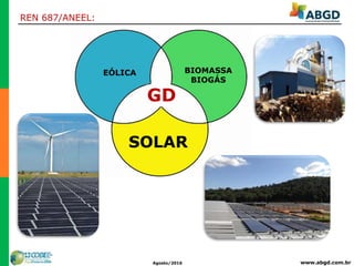 www.abgd.com.brAgosto/2016
GD
BIOMASSA
BIOGÁS
SOLAR
EÓLICA
REN 687/ANEEL:
 
