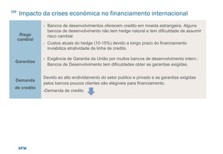 Impacto da crises económica no financiamento internacional
Risgo
cambial
› Bancos de desenvolvimentos oferecem credito em moeda estrangeira. Alguns
bancos de desenvolvimento não tem hedge natural e tem dificuldade de assumir
risco cambial.
› Custos atuais do hedge (10-15%) devido a longo prazo do financiamento
inviabiliza atratividade da linha de credito.
Garantias
› Exigência de Garantia da União por muitos bancos de desenvolvimento intern.:
Bancos de Desenvolvimento tem dificuldades obter as garantias exigidas.
Demanda
de credito
Devido ao alto endividamento do setor publico e privado e as garantias exigidas
pelos bancos poucos clientes são elegíveis para financiamento.
›Demanda de credito
 