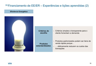30
Financiamento de EE/ER – Experiências e lições aprendidas (2)
Critérios de
escolha
› Critérios simples e transparente para o
cliente fomentam a demanda
Produtos
estandardizados
› Produtos padronizados podem ser itens de
venda rápida porque…
› … efetivamente reduzem os custos das
transações
Eficiência Energética
 