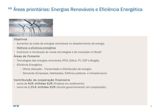 Objetivos
› Aumentar as cotas de energias renováveis no abastecimento de energia
› Melhorar a eficiência energética
› Incentivar a introdução de novas tecnologias e de inovações no Brasil
Áreas de Fomento
› Tecnologias das energias renováveis (PCH, Eólica, FV, CSP e Biogás)
› Eficiência Energética
› Oferta (Geração , Transmissão e Distribuição de energia)
› Demanda (Empresas, Habitações, Edifícios públicos e infraestrutura)
Contribuição da cooperação financeira
› cerca de 425 milhões EUR (Projetos em andamento)
› cerca de 1.014 milhões EUR (Acordo governamental /em preparação)
5
Áreas prioritárias: Energias Renováveis e Eficiência Energética
 