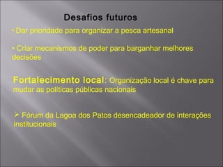  Fórum da Lagoa dos Patos desencadeador de interações
institucionais
Fortalecimento local: Organização local é chave para
mudar as políticas públicas nacionais
• Dar prioridade para organizar a pesca artesanal
• Criar mecanismos de poder para barganhar melhores
decisões
Desafios futuros
 