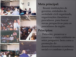 Meta principal:
• Reunir instituições de
governo, entidades da
sociedade civil organizada,
organizações classistas e
pescadores, para buscar
novas perspectivas para os
pescadores da região.
Princípios:
• Defender, preservar e
conservar o meio ambiente no
setor pesqueiro, bem como a
promoção do
desenvolvimento econômico,
social e o combate á pobreza
 