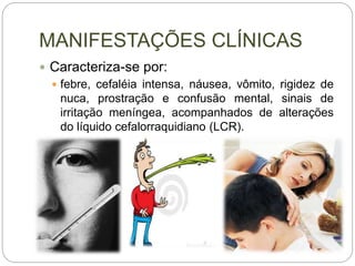 MANIFESTAÇÕES CLÍNICAS
 Caracteriza-se por:
 febre, cefaléia intensa, náusea, vômito, rigidez de
nuca, prostração e confusão mental, sinais de
irritação meníngea, acompanhados de alterações
do líquido cefalorraquidiano (LCR).
 