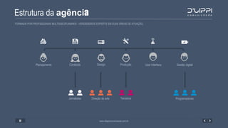 Estrutura da agência
FORMADA POR PROFISSIONAIS MULTIDISCIPLINARES - VERDADEIROS EXPERTS EM SUAS ÁREAS DE ATUAÇÃO.
www.dlippicomunicacao.com.br12
Planejamento Gestão digitalDesign
Jornalistas
Conteúdo User Interface
Direção de arte ProgramadoresTerceiros
Produção
 