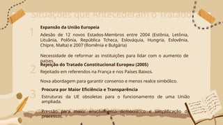 Situações que Antecederam o Tratado
Expansão da União Europeia
1 Adesão de 12 novos Estados-Membros entre 2004 (Estônia, Letônia,
Lituânia, Polônia, República Tcheca, Eslováquia, Hungria, Eslovênia,
Chipre, Malta) e 2007 (Romênia e Bulgária)
Necessidade de reformar as instituições para lidar com o aumento de
países.
2
Rejeição do Tratado Constitucional Europeu (2005)
Rejeitado em referendos na França e nos Países Baixos.
Nova abordagem para garantir consenso e menos realce simbólico.
3
Procura por Maior Eficiência e Transparência
Estruturas da UE obsoletas para o funcionamento de uma União
ampliada.
Pressão para maior envolvimento democrático e simplificação de
processos.
 