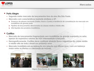 Porto Alegre  Segundo maior mercado de lançamentos fora do eixo Rio/São Paulo. Mercado com características bastante similares a SP: Presença de players nacionais (Gafisa, Rossi e Cyrela) e tendência de consolidação do mercado em imobiliárias de grande porte  Pipeline de lançamentos direcionados às classes média e média-alta. Alta liquidez dos produtos imobiliários. Curitiba Mercado de Lançamentos fragmentado sem imobiliárias de grande expressão no setor, apesar do expressivo volume de VGV intermediado e lançado.  Demograficamente, Curitiba deve continuar atraindo fluxos migratórios de classe média e média-alta de todo o Brasil nos próximos anos.  Mercado imobiliário em recuperação em relação aos últimos anos, com um balanço maior entre as ofertas e a demanda de imóveis. Mercados Alguns Show Rooms de  Lançamentos 