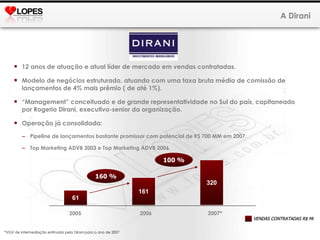 A Dirani 12 anos de atuação e atual líder de mercado em vendas contratadas. Modelo de negócios estruturado, atuando com uma taxa bruta média de comissão de lançamentos de 4% mais prêmio ( de até 1%). “ Management” conceituado e de grande representatividade no Sul do país, capitaneado por Rogerio Dirani, executivo-senior da organização. Operação já consolidada: Pipeline de lançamentos bastante promissor com potencial de R$ 700 MM em 2007. Top Marketing ADVB 2003 e Top Marketing ADVB 2006. 2005 2006 2007* 61 161 320 160 % 100 % *VGV de intermediação estimado pela Dirani para o ano de 2007 VENDAS CONTRATADAS R$ Mi 